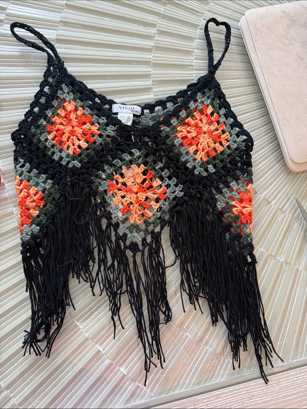 VIVID Black Crochet Fringe Crop Top with Orange Accents
